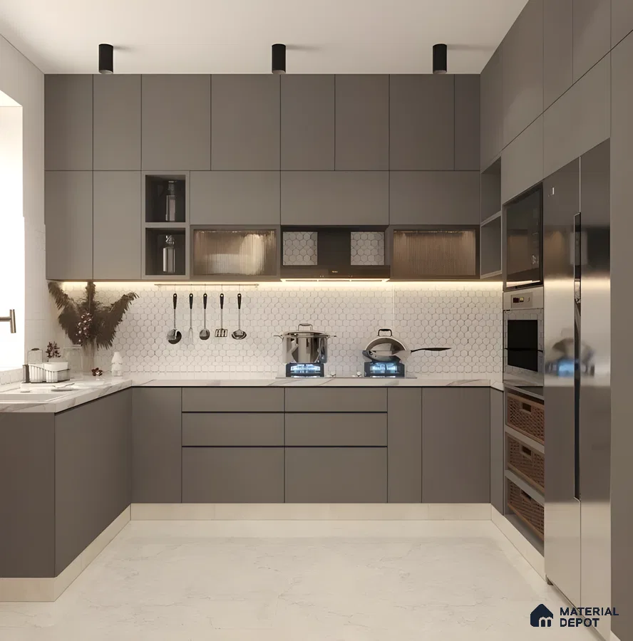 Matte Charcoal Kitchen With Warm Lighting And Honeycomb Backsplash | Material Depot