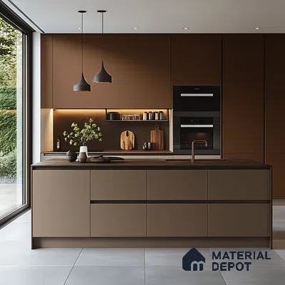Matte Cocoa Kitchen with Island Counter and Warm Ambient Lighting | Material Depot