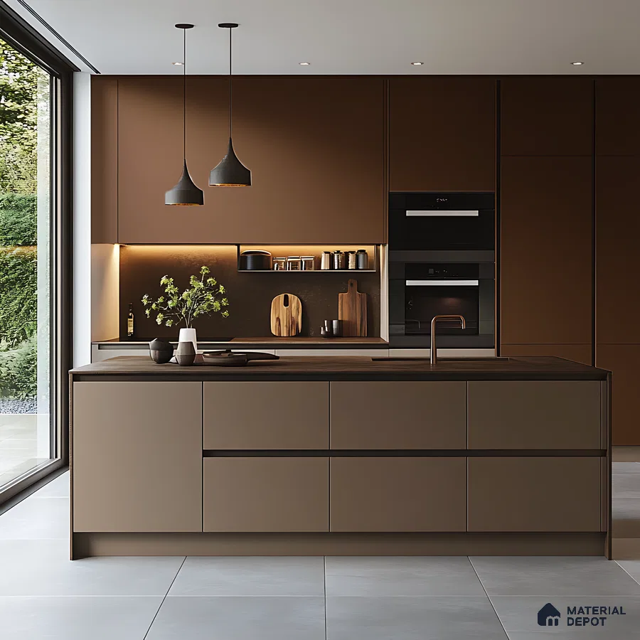 Matte Cocoa Kitchen with Island Counter and Warm Ambient Lighting | Material Depot