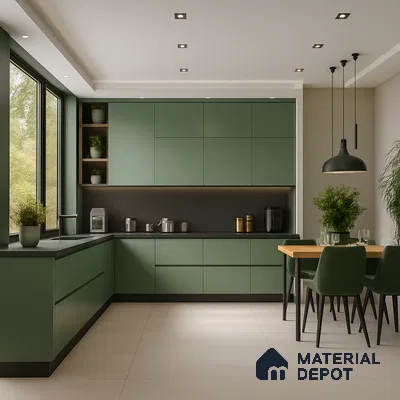 Modern L-Shaped Kitchen with Sparkling Blue Glossy Laminate and Glass Crockery Unit | Material Depot