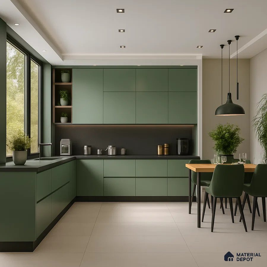 Modern L-Shaped Kitchen with Sparkling Blue Glossy Laminate and Glass Crockery Unit | Material Depot