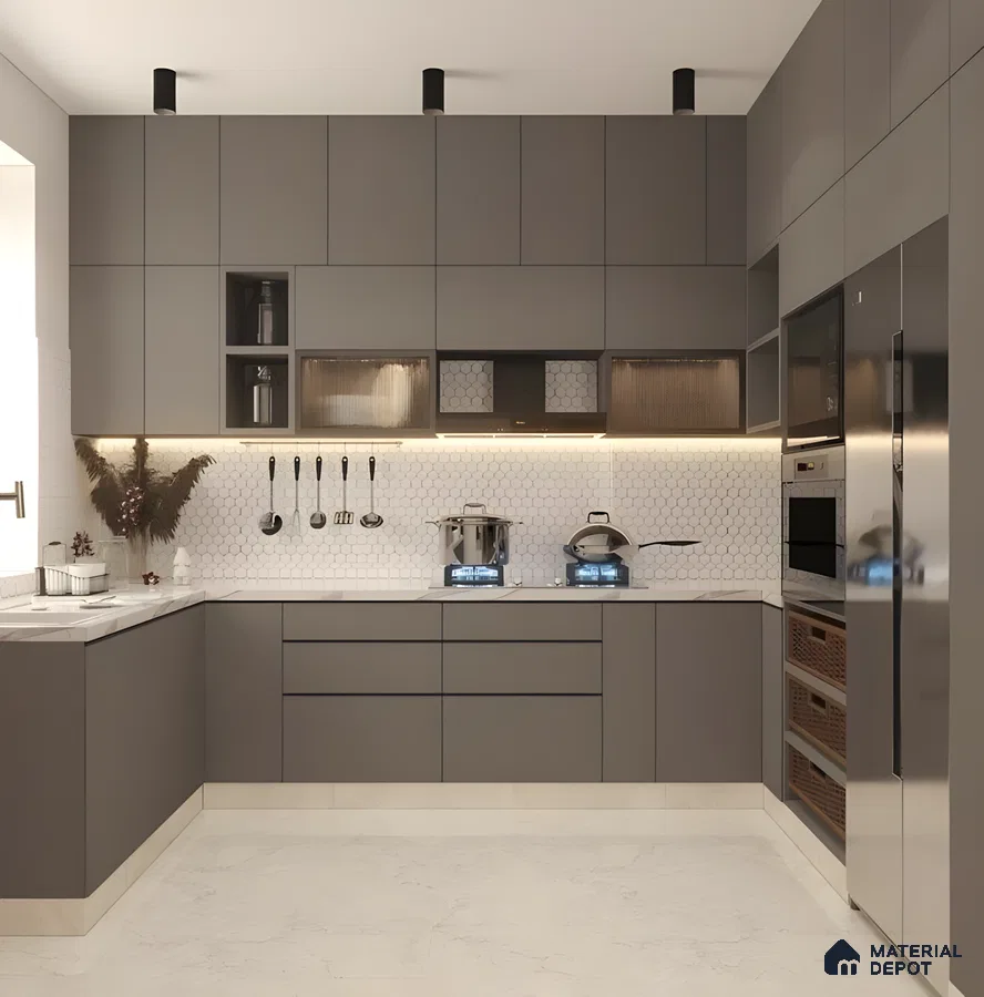 Matte Grey Modern Minimalist Kitchen With Quartz Top & Honeycomb Tiles In An Industrial-Inspired Finish | Material Depot