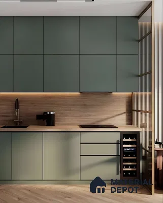 Matte Olive Green Kitchen With Wood-Finish Backsplash And Built-In Wine Cooler | Material Depot