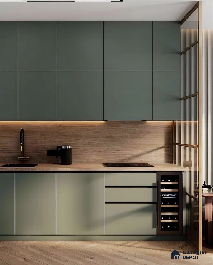 Matte Olive Green Kitchen With Wood-Finish Backsplash And Built-In Wine Cooler | Material Depot