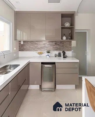 Matte Rosewood Modular Kitchen With Open Storage And Black Granite Countertop | Material Depot