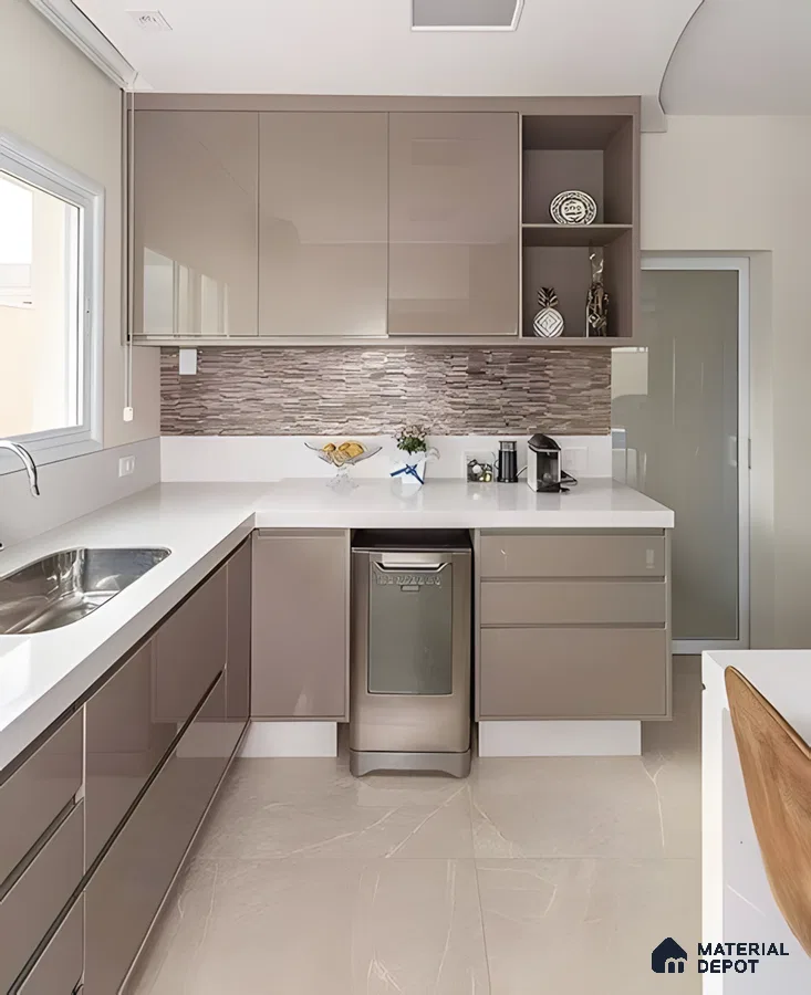 Matte Rosewood Modular Kitchen With Open Storage And Black Granite Countertop | Material Depot