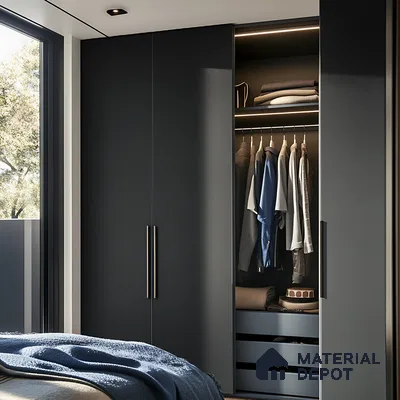 Matte Slate Grey Wardrobe with Sleek Handles and Ambient Lighting | Material Depot