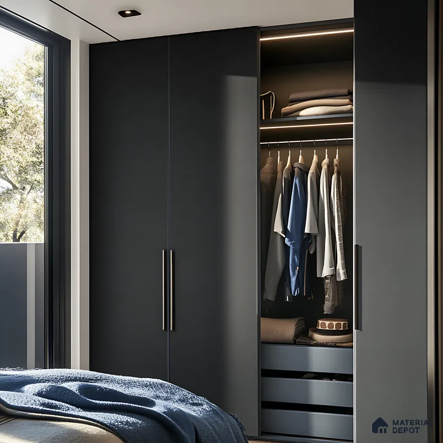 Matte Slate Grey Wardrobe with Sleek Handles and Ambient Lighting | Material Depot