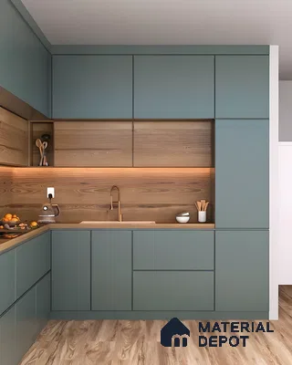 Matte Teal Kitchen With Wooden Backsplash And Seamless Cabinetry | Material Depot