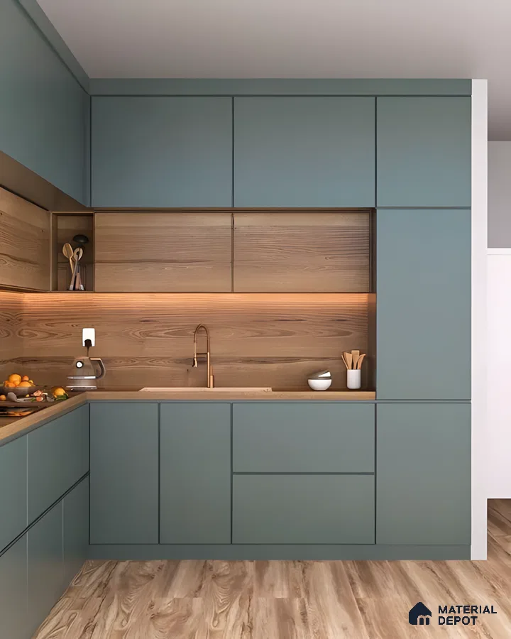 Matte Teal Kitchen With Wooden Backsplash And Seamless Cabinetry | Material Depot