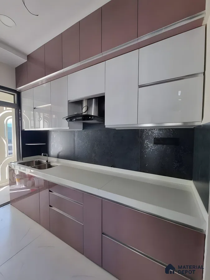 Mauve & Gloss: A Sleek Parallel Kitchen With Modern Elegance | Material Depot