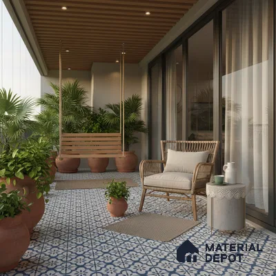 Mediterranean balcony with blue and white patterned floor tiles and wooden louver ceiling