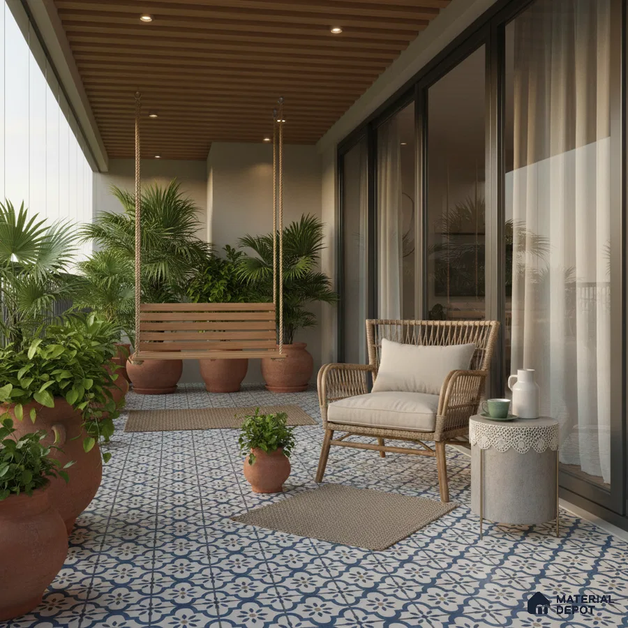 Mediterranean balcony with blue and white patterned floor tiles and wooden louver ceiling