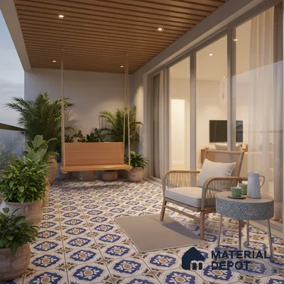 Mediterranean balcony with blue and yellow patterned floor tiles and wooden ceiling louvers