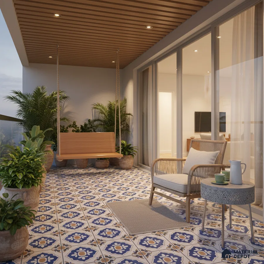 Mediterranean balcony with blue and yellow patterned floor tiles and wooden ceiling louvers