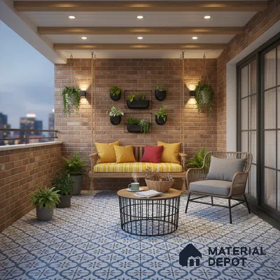 Mediterranean balcony with brick cladding walls and blue patterned floor tiles