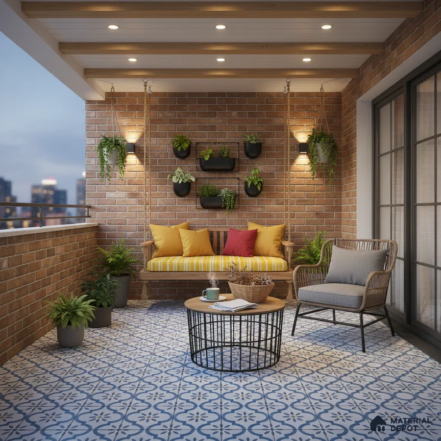 Mediterranean balcony with brick cladding walls and blue patterned floor tiles
