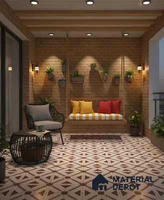Mediterranean balcony with brick cladding walls and geometric patterned floor tiles