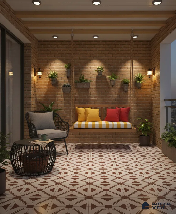 Mediterranean balcony with brick cladding walls and geometric patterned floor tiles