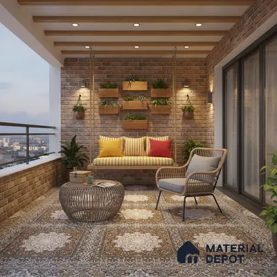 Mediterranean balcony with exposed brick wall, patterned floor tiles, and wooden ceiling beams
