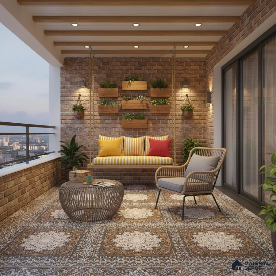 Mediterranean balcony with exposed brick wall, patterned floor tiles, and wooden ceiling beams