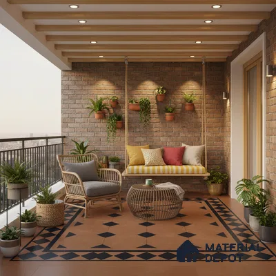 Mediterranean balcony with exposed brick wall, terracotta geometric floor tiles, and wooden ceiling beams