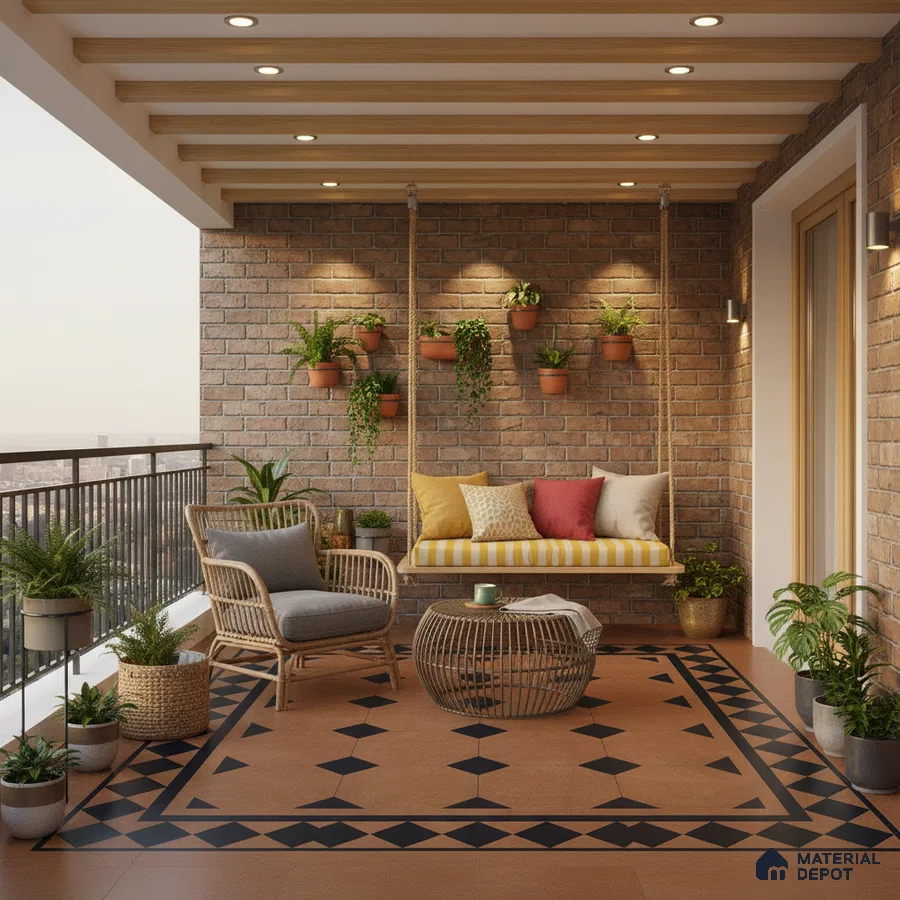 Mediterranean balcony with exposed brick wall, terracotta geometric floor tiles, and wooden ceiling beams