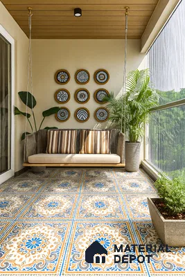Mediterranean balcony with patterned blue and ochre floor tiles and wooden ceiling panels in Purva Midtown B-Narayanapura 3 BHK Bengaluru Apartment