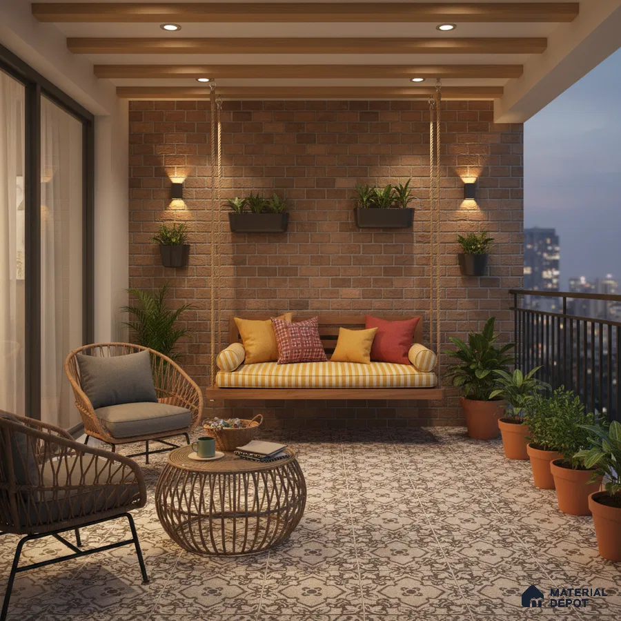 Mediterranean balcony with patterned floor tiles and exposed brick wall