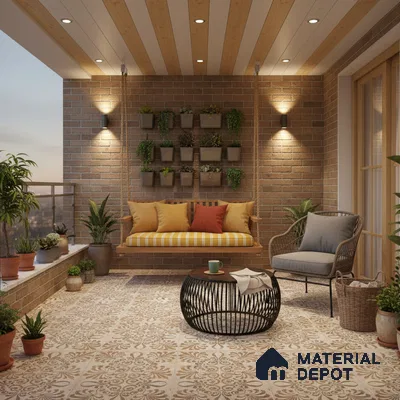 Mediterranean balcony with patterned floor tiles, exposed brick wall, and wood-accent ceiling