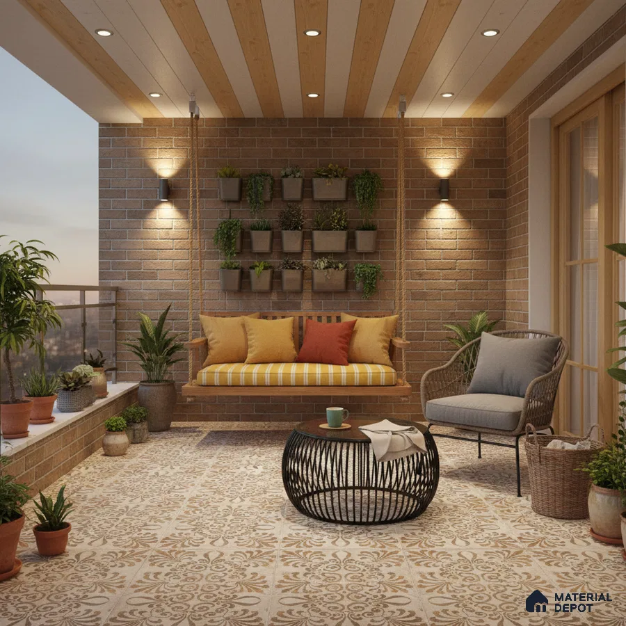 Mediterranean balcony with patterned floor tiles, exposed brick wall, and wood-accent ceiling