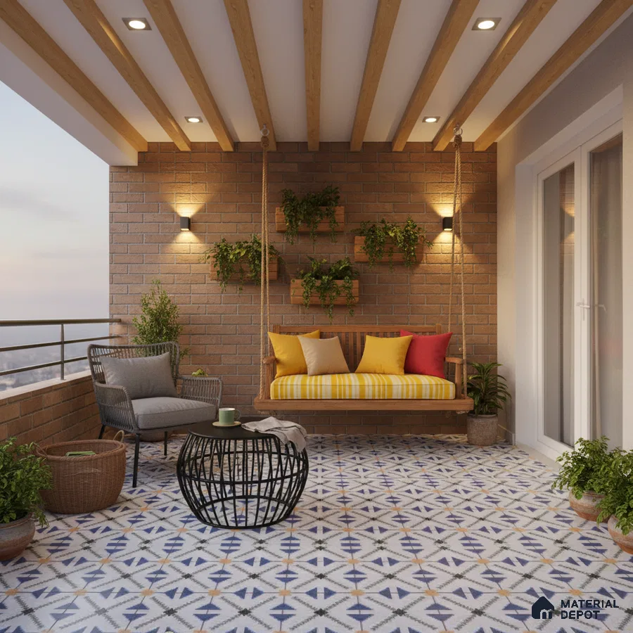 Mediterranean balcony with patterned floor tiles, exposed brick wall, and wooden ceiling beams