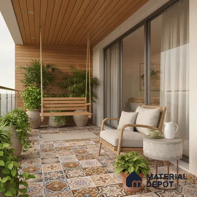 Mediterranean balcony with patterned moroccan floor tiles and natural wood ceiling panels