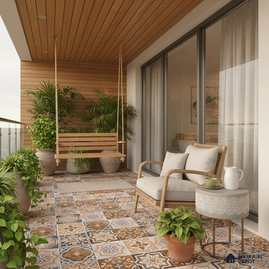 Mediterranean balcony with patterned moroccan floor tiles and natural wood ceiling panels