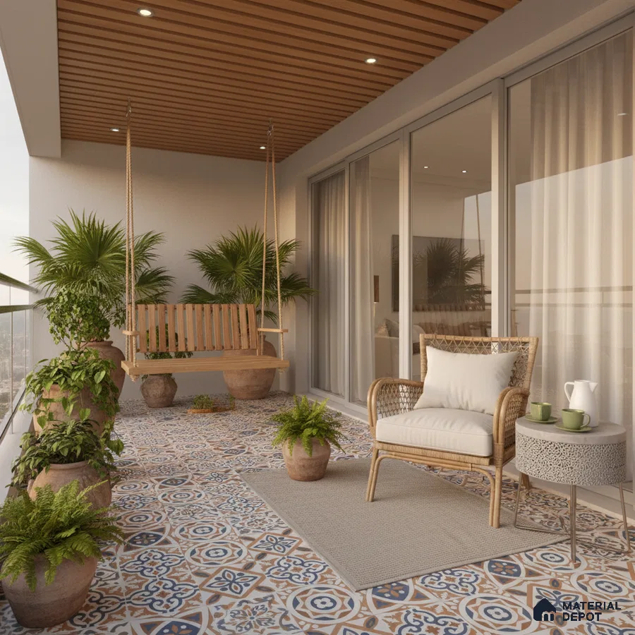 Mediterranean balcony with patterned moroccan floor tiles and wooden ceiling louvers