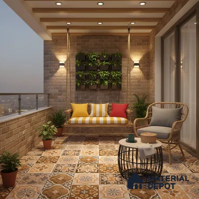 Mediterranean balcony with patterned terracotta floor tiles and exposed brick wall