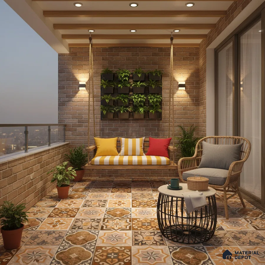 Mediterranean balcony with patterned terracotta floor tiles and exposed brick wall