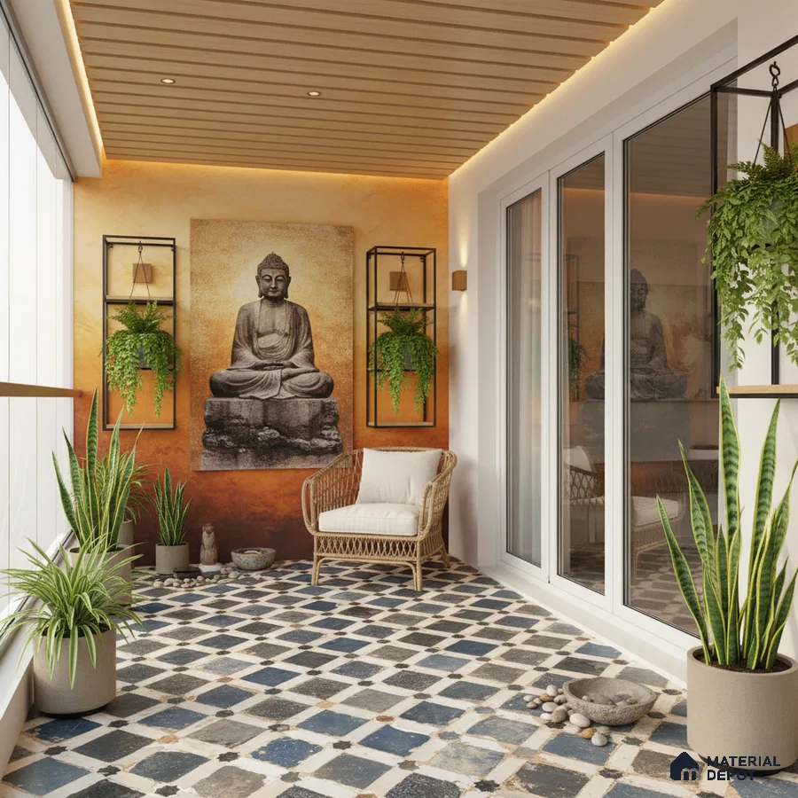 Mediterranean balcony with terracotta accent wall, patterned blue and white floor tiles, and wooden ceiling louvers