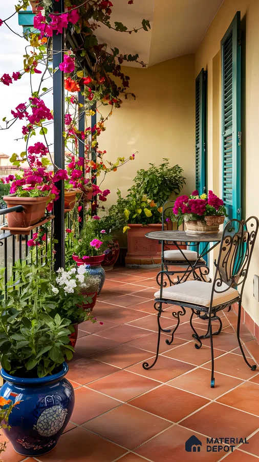 Mediterranean Balcony with Terracotta Tiles and Wrought Iron Furniture | Material Depot