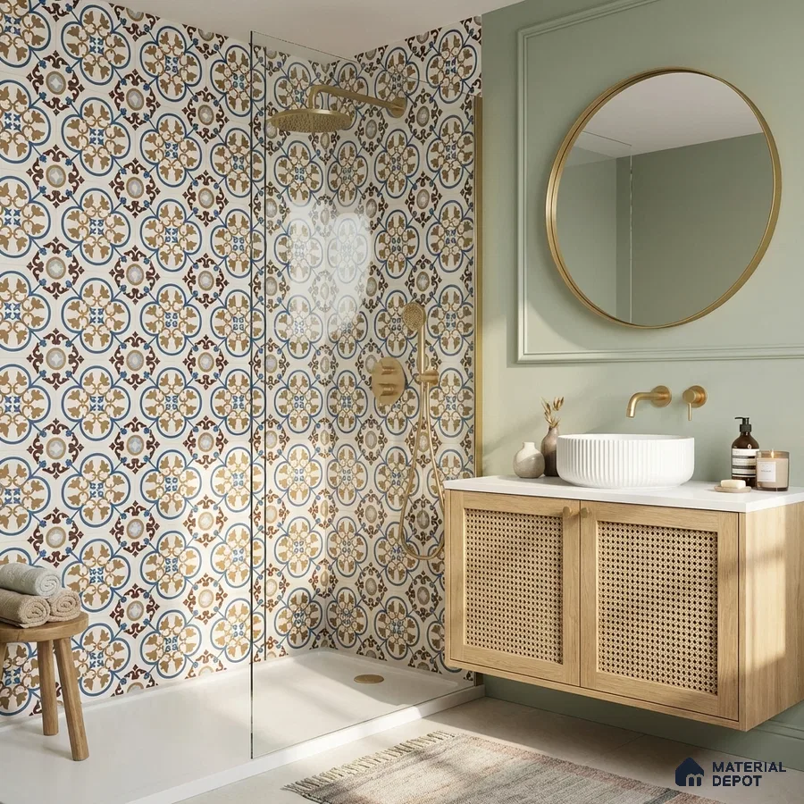 Mediterranean bathroom with patterned moroccan wall tiles and cane front vanity