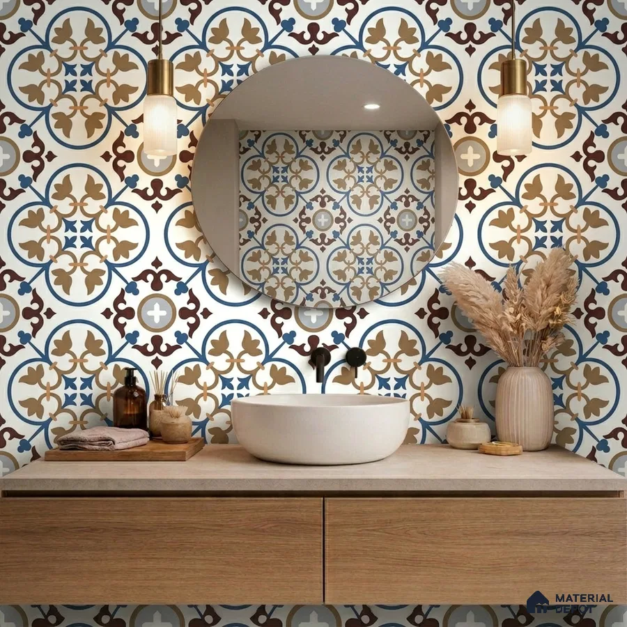 Mediterranean bathroom with patterned moroccan wall tiles and light oak vanity