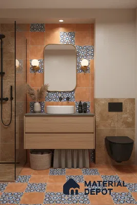 Mediterranean bathroom with terracotta and blue patterned tiles, oak vanity, and matte black fixtures in Bengaluru | Material Depot