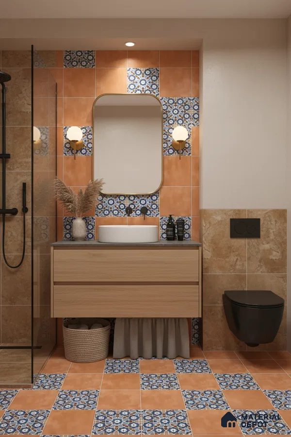 Mediterranean bathroom with terracotta and blue patterned tiles, oak vanity, and matte black fixtures in Bengaluru | Material Depot