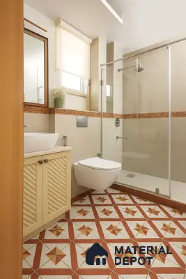 Mediterranean bathroom with terracotta patterned floor tiles and cream vanity in Sattva Anugraha Vijayanagar 3 BHK Bengaluru Apartment