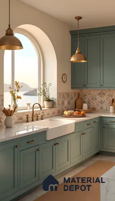 Mediterranean Farmhouse Kitchen With Seafoam Green Cabinets, Floral Ceramic Backsplash, And White Marble Countertops | Material Depot