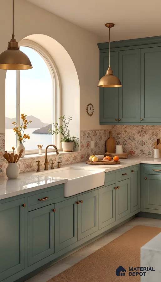 Mediterranean Farmhouse Kitchen With Seafoam Green Cabinets, Floral Ceramic Backsplash, And White Marble Countertops | Material Depot