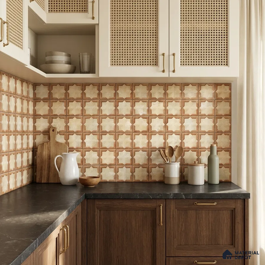 Mediterranean kitchen with beige patterned moroccan backsplash tile and dark wood laminate cabinets