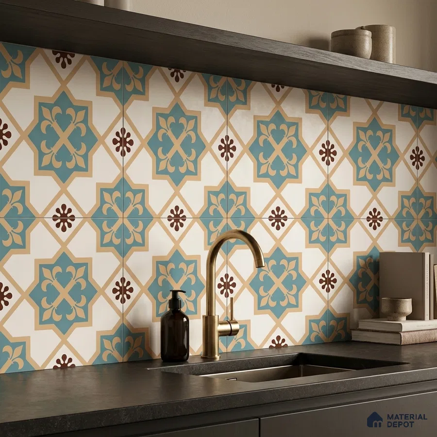 Mediterranean kitchen with blue and beige moroccan patterned backsplash tiles and matte black countertop