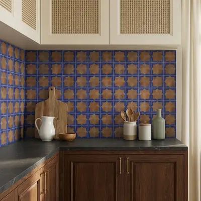 Mediterranean kitchen with blue and brown moroccan backsplash tile and dark wood cabinets