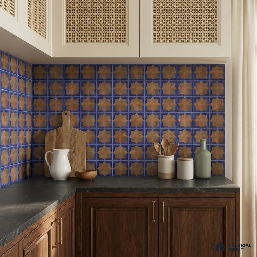 Mediterranean kitchen with blue and brown moroccan backsplash tile and dark wood cabinets